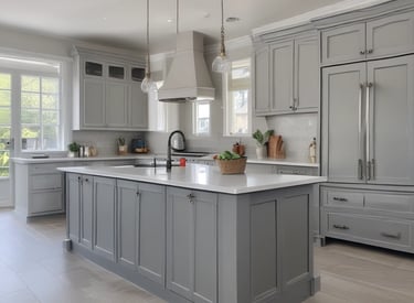Freshly painted modern kitchen cabinets in soft gray with sleek hardware.
