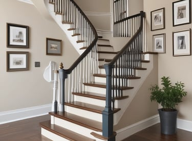 Close-up of a custom stairway painted in rich navy with gold accents.