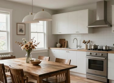 A cozy, well-lit apartment interior with warm tones and welcoming furniture.