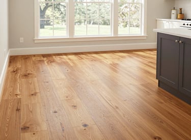 Modern kitchen featuring wide plank light oak hardwood flooring and large windows.