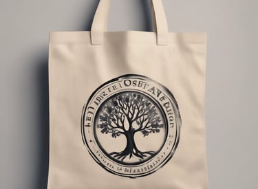 A vibrant display of custom tote bags featuring various logos and colors at a busy trade show.