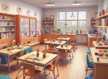 Children happily playing and learning in a colorful playground with red, blue, and yellow elements.