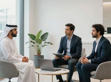 A modern office meeting room with diverse professionals collaborating over documents and laptops.