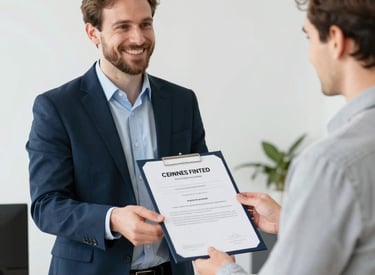 Professional receiving an official certification document in a formal office setting.