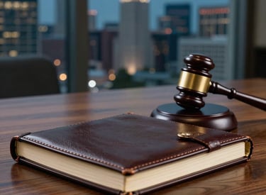 A professional conference setting in Indiana featuring a leather-bound notebook and a gavel on a polished wood table, representing advocacy and legal representation. The background shows a blurred view of a modern US city skyline with cool midnight blue and teal tones.