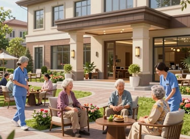 A warm, inviting photo of a smiling senior couple enjoying a sunny park bench conversation.