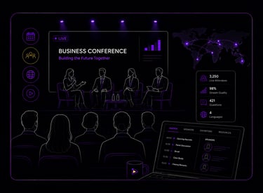 Illustration of a business conference livestream with panel speakers, audience silhouettes, agenda d