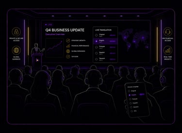 Illustration of a corporate presentation audience listening through interpretation headsets while fo