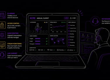 Illustration of a managed broadcast control dashboard showing planning, access control, audio routin