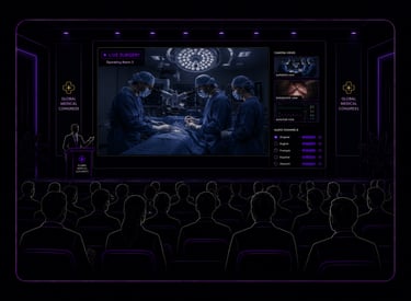 Illustration of a medical congress audience watching a live surgery broadcast on a large conference 