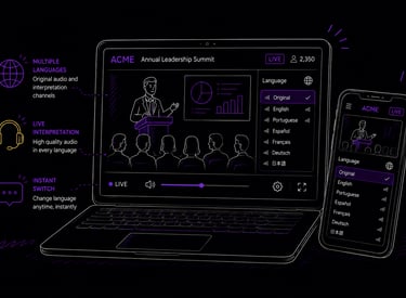 Illustration of a multilingual live streaming interface with language options for original audio, En