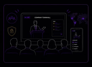 Illustration of a corporate townhall livestream with a presenter speaking to employees through a bra