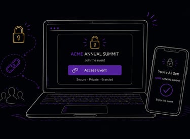 Illustration of a secure branded event access page on a laptop and mobile phone, showing private eve
