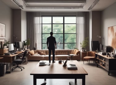 A sleek, modern workspace bathed in soft light with design sketches and a laptop open, reflecting a high-end creative environment.