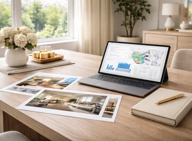 Manos navegando un mapa interactivo de propiedades en venta representando la búsquda