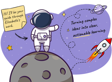 Cute astronaut on a moon. A message reads, "Turning complex ideas into clear, actionable learning."