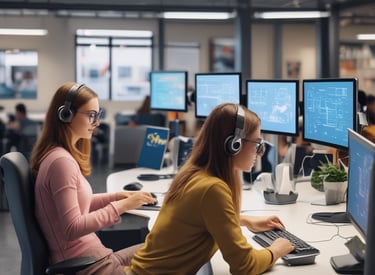 A team of professionals collaborating over laptops and digital devices in a bright, modern office.