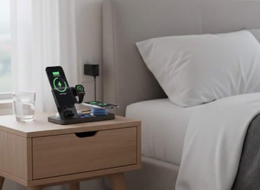 Wireless charging station on a bedside table powering a phone and smartwatch overnight