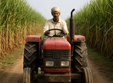 Close-up of a tractor navigating a sugarcane field with lush green horticulture crops nearby.