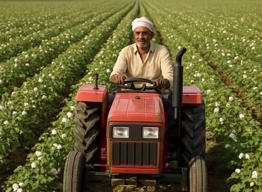 A tractor equipped with GPS guidance working through a cotton field under a clear sky.