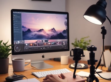 A diverse group of creators collaborating in a bright, modern workspace with tech gadgets.