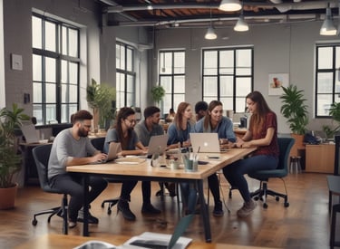 A diverse group of creators collaborating in a bright, modern workspace with tech gadgets.