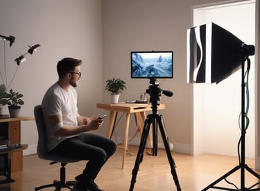 An influencer filming a product demo on a smartphone with city skyline in the background.