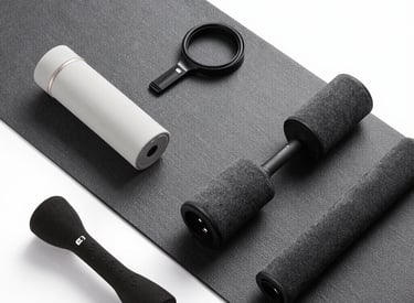 A display of various fitness accessories and equipment neatly arranged on a wooden shelf.