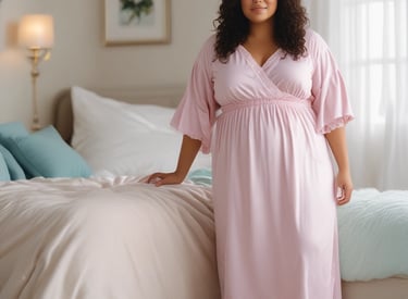 Cozy nightwear set in soft beige tones, draped elegantly on a plus-size model relaxing at home.