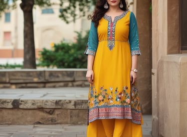 Confident plus-size model wearing a chic embroidered kurti with gold accents, smiling warmly.