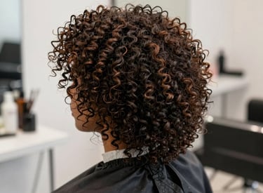 Close-up of a stylist gently shaping a client's curly hair with scissors in a bright salon.