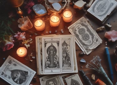 a table with tarot cards, a quartz crystal and a candle