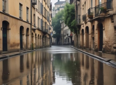 Flood barrier installed protecting a historic building in a small town.