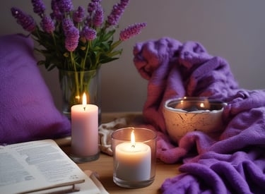 Soft purple lighting highlighting a comfy throw blanket draped over a chair.
