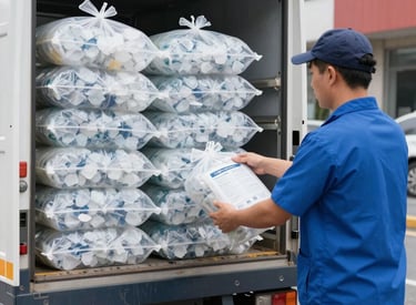 A friendly local team delivering clear, sparkling ice bags to a small neighborhood restaurant.