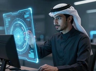 Arab male technology specialist interacting with a futuristic digital holograph display screen in a modern office.
