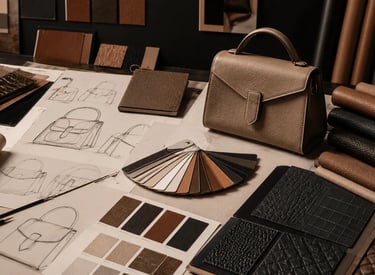Luxury leather handbag design studio with sketches, material swatches, and a taupe designer purse.