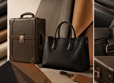 Elegant black leather tote bag and brown vintage trunk suitcase with material swatches and close-up details.
