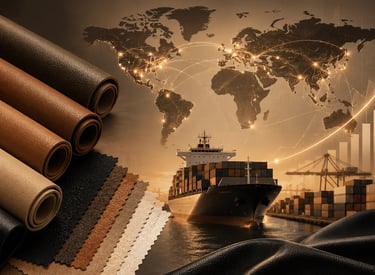 Rolls of premium leather and swatches next to a cargo ship for global trade and leather export logistics.