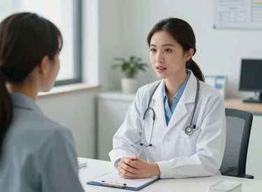 A warm and inviting doctor's consultation room in a modern Southeast Asian clinic. A female doctor is speaking kindly with a patient. The room is filled with soft natural light, featuring clean minimalist furniture in soft blue and white tones.
