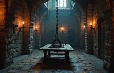 Dark medieval stone dungeon with a wooden table, iron chains, and burning wall torches.