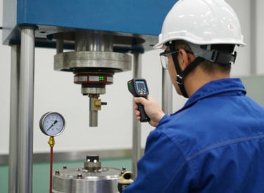 Technician performing preventive maintenance on heavy hydraulic machinery with precision tools.
