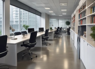 Bright, freshly cleaned modern office space with sparkling floors and tidy desks.