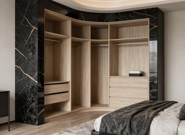 Elegant individual home interior with natural textures and open spaces.