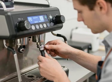 A service van parked outside a bustling café with an engineer carrying tools inside.