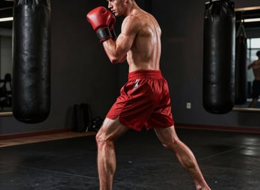 A focused boxer shadowboxing in a dimly lit gym, wearing synetiq sensors on wrists and ankles.