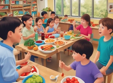 Volunteers teaching children about nutrition using colorful charts