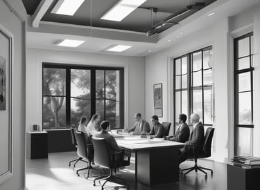 Professional meeting between project owner and agency discussing building plans.