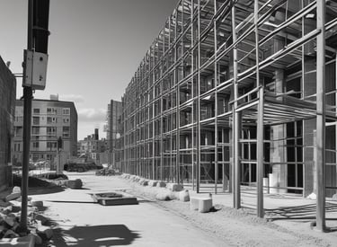 Modern residential building under construction with scaffolding and cranes.