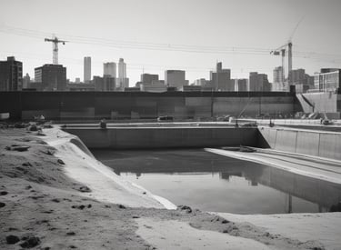 Construction site with workers and machinery actively managing a public building project.